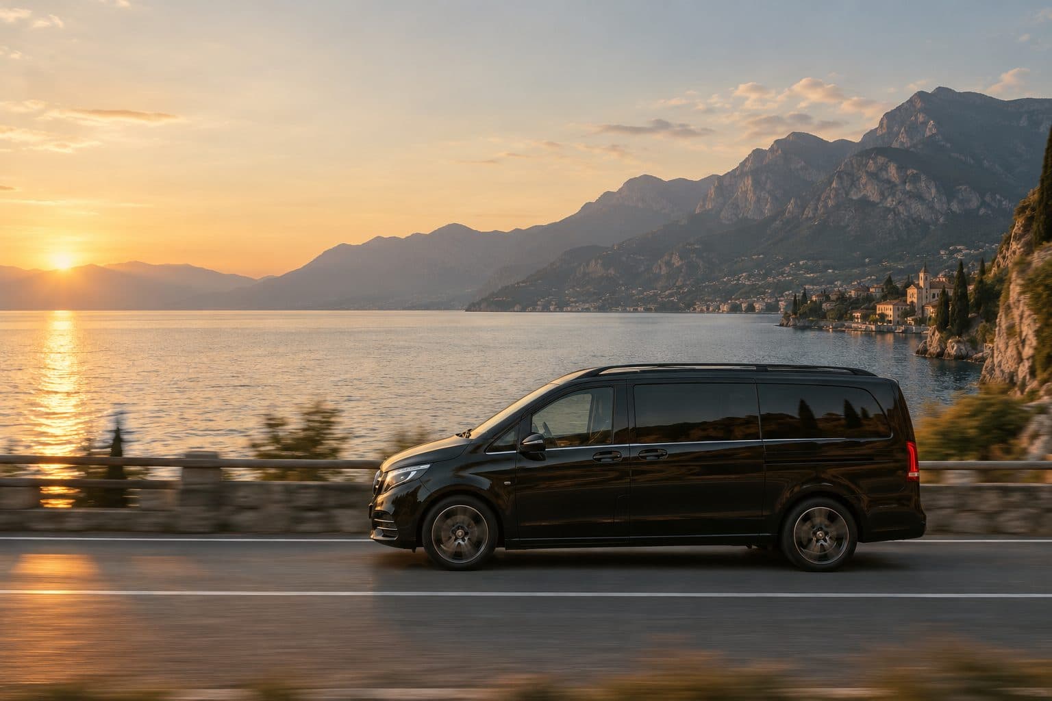 Un van nero GardaTaxi sul lungolago del Garda al tramonto
