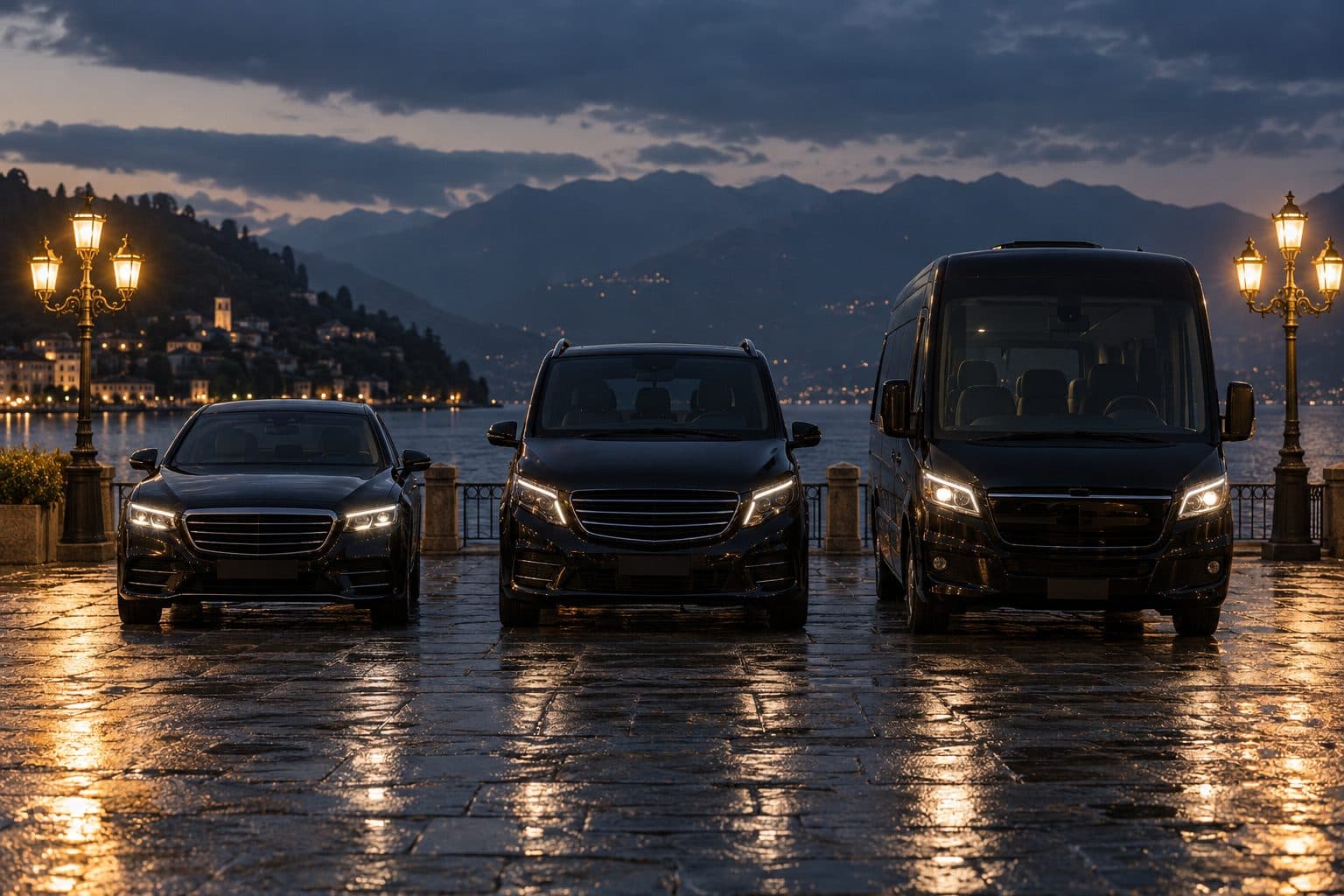 Berlina, van e minibus neri sul lungolago di sera