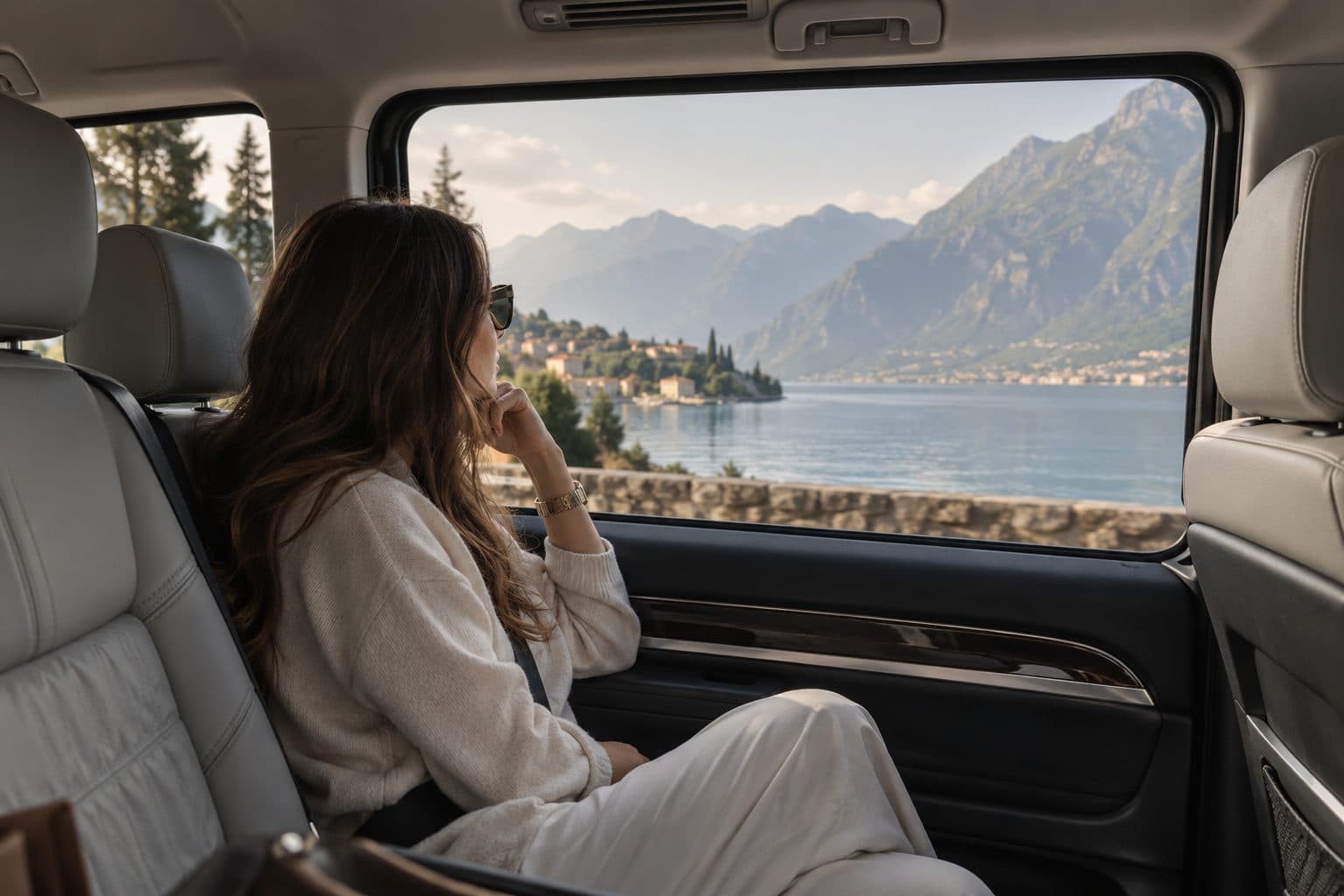 Passeggera seduta sul sedile posteriore che guarda il lago dal finestrino