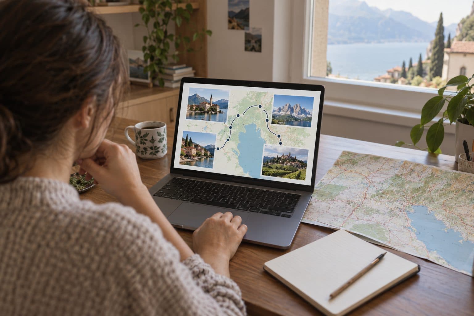 Itinerario di viaggio sul portatile, con una cartina del nord Italia