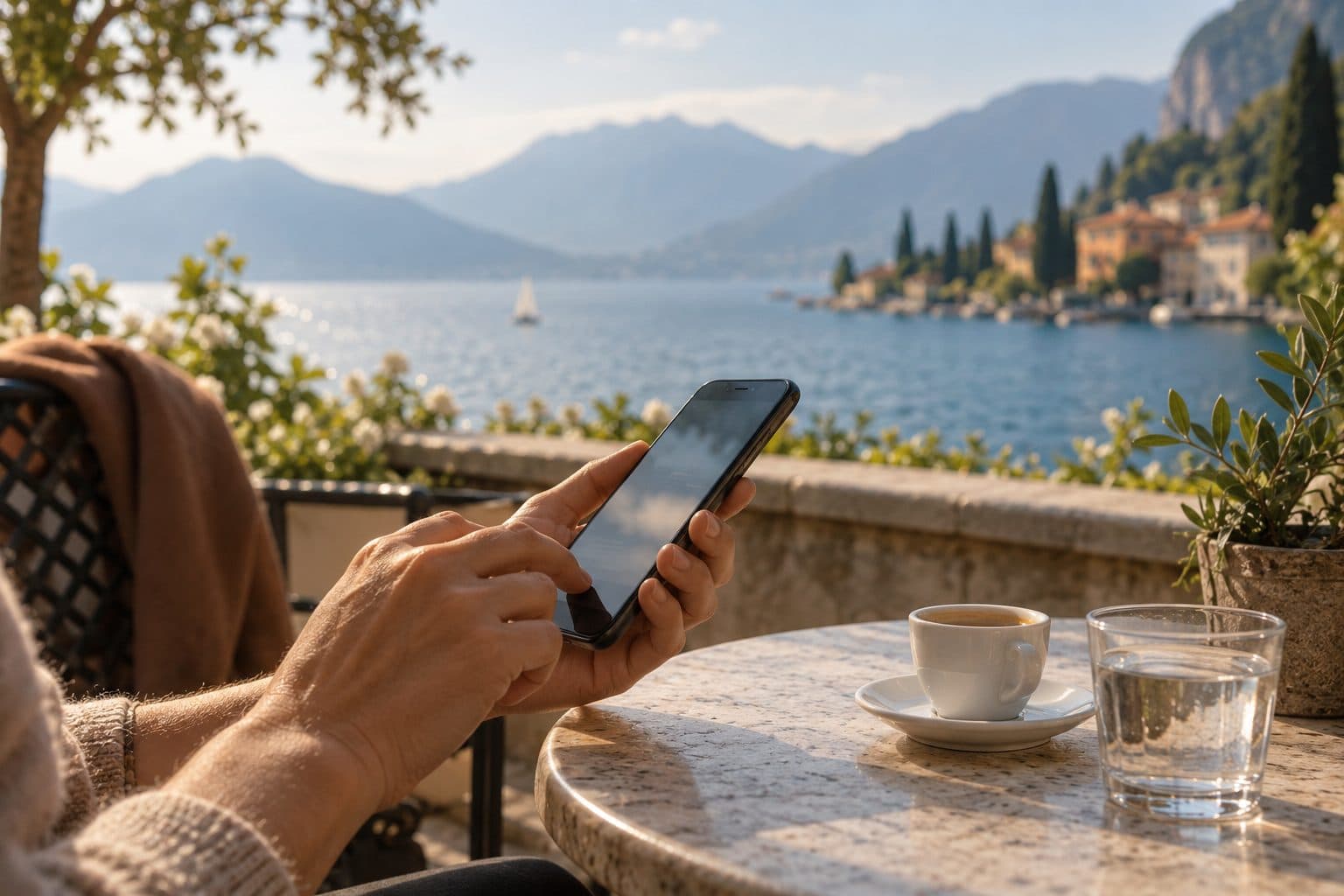 Mano che scrive un messaggio sul telefono, con il lago sullo sfondo